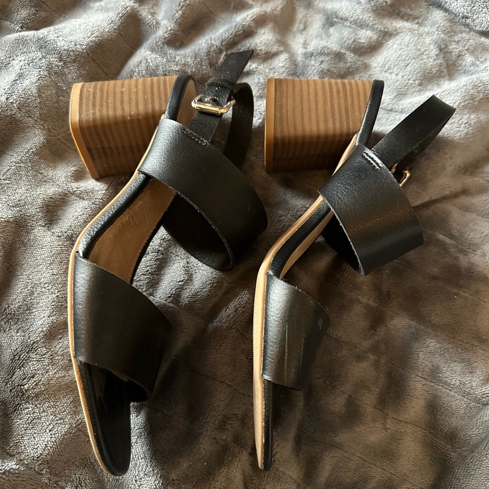 Black Leather Slingback Block Heel Sandals